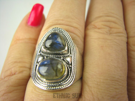 bpe6808 Delikatny OKAZ Pierścień LABRADORYT Spektrolit - kamień Zorzy Polarnej r.18 lśniąca obrączka SREBRO 925 #