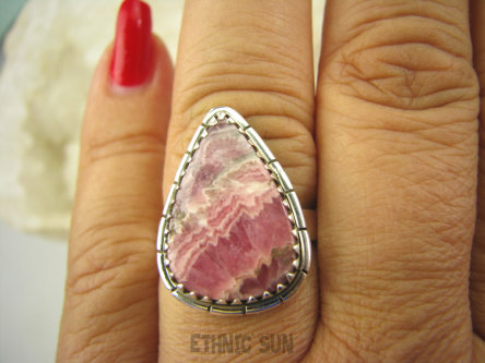 bpe8005 Pastelowa KROPLA Delikatny Pierścień Różowy RODOCHROZYT - kamień miłości r.20 Srebro 925 #