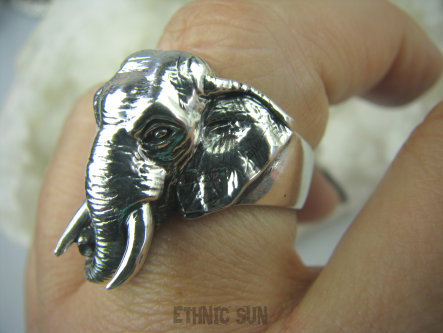 bpe6028 DZIKA AFRYKA Przepiękny Lśniący Unikatowy Duży Pierścień z głową Słonia SŁOŃ cały ze srebra r.24/ r.25  Duży Rozmiar Srebro 925 #