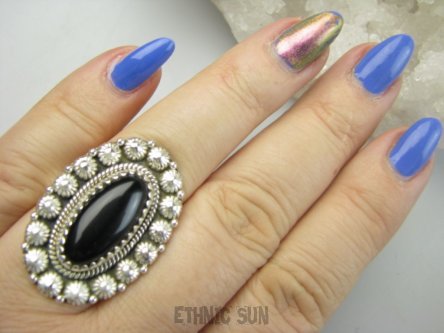 bpe9512 PIĘKNY OKAZ !!! Wyjatkowy Pierścień Pierścionek Czarny ONYKS regeneruje SERCE, EGZEMY, PAMIĘĆ r.16 Srebro 925 #