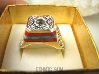 bpe8729 SYGNET SUŁTANA Zabójczo Piękny PIERŚCIEŃ Pierścionek Inkrustowany Koral Turkus Turkusy oraz Labradoryt r.25 Srebro 925 #