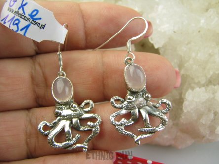 bke1191 Figlarne i przepiękne Ośmiorniczki cudowne kolczyki Ośmiornica - symbolizuje kreatywność, Kwarc Różowy SREBRO 925