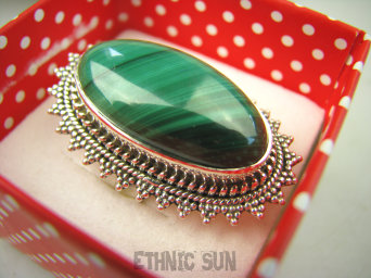 bpe8267 Przepiękny DUŻY Orientalny Pierścień Pierścionek naturalny zielony MALACHIT - pobudza kreatywność r.17 Srebro 925 #