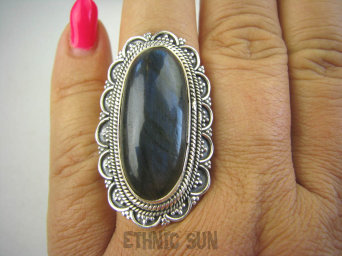 bpe6264 Długi 4 cm  Pierścień Labradoryt SZARO NIEBIESKI Spektrolit - kamień Zorzy Polarnej r.22 Srebro 925 #