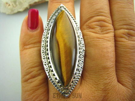 bpe3386 KRÓLEWSKI DŁUGI 5,1 cm !!! OKAZ Wspaniały Gigant Pierścień TYGRYSIE OKO Wspomaga leczenie Oczy Astma Krążenie i TRAWIENIE !  XXL 23 gramy ! r.23 Srebro 925