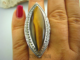 bpe3386 KRÓLEWSKI DŁUGI 5,1 cm !!! OKAZ Wspaniały Gigant Pierścień TYGRYSIE OKO Wspomaga leczenie Oczy Astma Krążenie i TRAWIENIE !  XXL 23 gramy ! r.23 Srebro 925