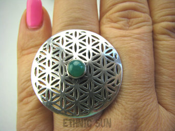 bpe4304 Obracający się KWIAT ŻYCIA - SILNY AMULET OCHRONNY !!!! Ażurowy Pierścień Zielony Onyks r.18 SREBRO 925 #