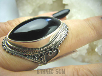 bpe5515 "KOLEKCJA MIŁOSNA "Czarny Onyks z Sercem Długi pierścień Onyks - SERCE, EGZEMY,PAMIĘĆ r.17 Srebro 925 #