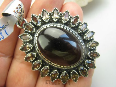 bwee1691 EGZOTYCZNE wielkie 6,2cm SŁOŃCE !!!! 26 g!  Zabójczo Piękny Wisior Kwarc Dymny - kamień antystresowy Srebro 925