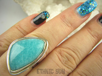 bpe6748 CUDOWNY Klasyczny Pierścień zielono-turkusowy Amazonit - Kamień Marzeń i realizacji r.17 lśniące Srebro 925 #