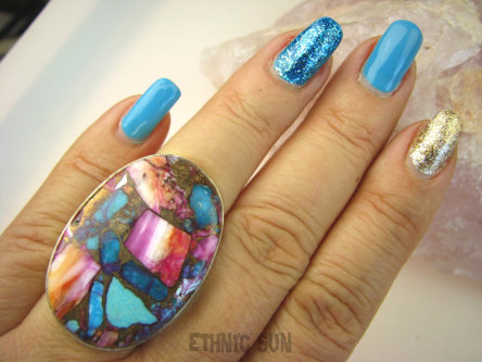 bpe8503 Boski Wielobarwny OKAZ Pierścień Pierścionek OSTRYGOWY TURKUS MIEDZIANY Mojave OSTRYGA Muszla złota MIEDZ r.15 Srebro 925 #