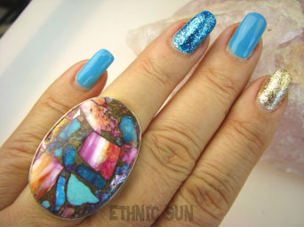 bpe8503 Boski Wielobarwny OKAZ Pierścień Pierścionek OSTRYGOWY TURKUS MIEDZIANY Mojave OSTRYGA Muszla złota MIEDZ r.15 Srebro 925 #