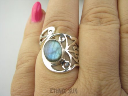 bpe9311 Artystyczny Ażurowy Regulowany Pierścień Pierścionek Labradoryt Spektrolit r.13, r.14, r.15, r.16 szeroka obrączka Srebro 925