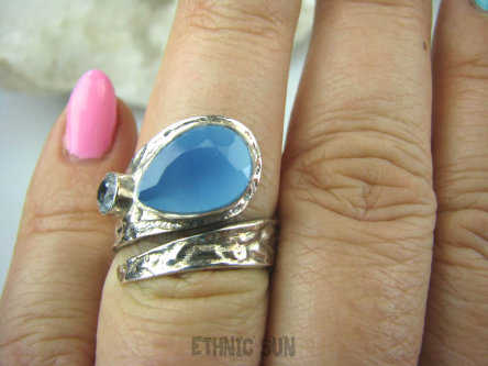 bpee3130 Finezyjny Delikatny Pierścień Chalcedon - Tarczyca, BLUE TOPAZ - kamień młodości rozmiar minimalnie REGULOWANY r.15, r.16 Srebro 925 #