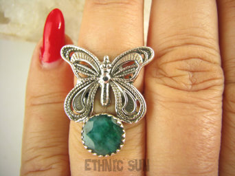 bpee4173 CUDO Filigran ! Ażurowy MOTYL - Symbol Miłości Szczęścia i Radości Pierścień, Pierścionek  - Szmaragd Indyjski r.15 Srebro 925