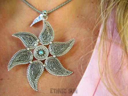 bwe3600 Egzotyczna Gwiazda czy rajski ptak ? Duży 8.5 cm, 25G  Piękny Wisior naturalny TURKUS Turkusy Srebro 925 #