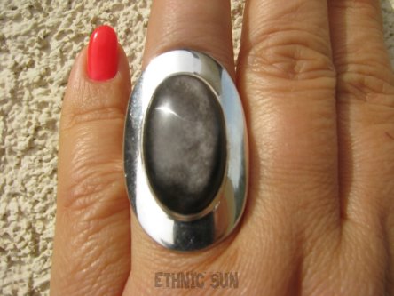 bpe4531 MAGICZNY Pierścień  OKAZ 3,7 cm Najwyższa jakość Srebrny OBSYDIAN SREBRZYSTY - chroni przed zawiścią, „złym spojrzeniem”  r.16 Srebro 925 Meksyk 
