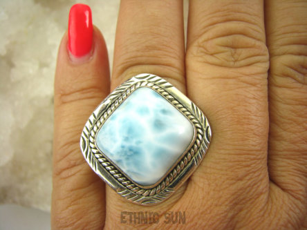bpe8241 PIĘKNY OKAZ !!! Pierścień RZADKI Anielski kamień Błękitny LARIMAR - stawy, serce, lęki , otwiera czakrę gardła r.16 Srebro 925 #
