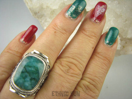 bpee3519 Szmaragdowy Klejnot Pierścień zielony Szmaragd Indyjski Szmaragdy r.16/ r.17 Srebro 925 #