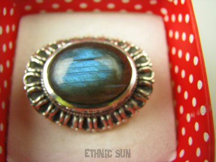 bpe8622 OKSYDOWANY MELONIK !!! Egzotyczny Pierścień Pierścionek Labradoryt Spektrolit - kamień Zorzy Polarnej r.22 Srebro 925 #