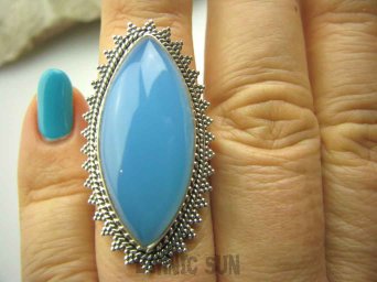 bpe4148 Błękitno - Niebieski CHALCEDON (TARCZYCA) w pięknej egzotycznej oprawie - Duży Pierścień r.15 Srebro 925 czakra gardła #