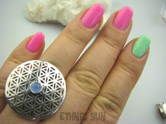 bpe4267 Obracający się KWIAT ŻYCIA - SILNY AMULET OCHRONNY !!!! Ażurowy Pierścień Chalcedon (tarczyca) - czakra gardła r.20 SREBRO 925 #