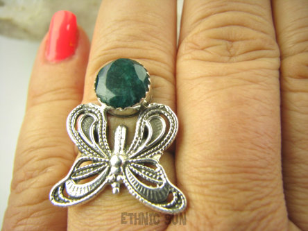 bpee4213 CUDO Filigran ! Ażurowy MOTYL - Symbol Miłości Szczęścia i Radości Pierścień, Pierścionek Szmaragd Indyjski r.17 Srebro 925 #