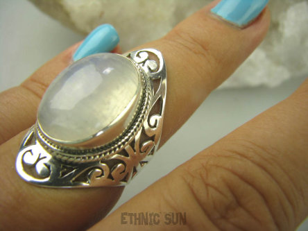bpe6365 Cudowny Ażurowy szeroka obrączka Pierścień Kamień Księżycowy r.14/ r.15 Lśniące Kute Srebro 925 #