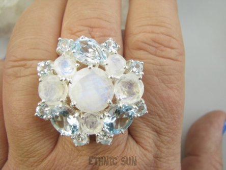 bpee4577 Niebiański KLEJNOT DUŻY OKAZ !!! Piękny Lśniący Pierścień Pierścionek Kamień Księżycowy, Blue Topaz r.19 Srebro 925 #