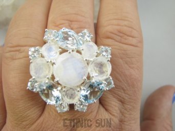 bpee4577 Niebiański KLEJNOT DUŻY OKAZ !!! Piękny Lśniący Pierścień Pierścionek Kamień Księżycowy, Blue Topaz r.19 Srebro 925 #