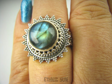 bpe6487 MAX BLASK BAJECZNIE Piękny Pierścień Wielobarwny LABRADORYT Spektrolit - kamień Zorzy Polarnej r.16 SREBRO 925 #