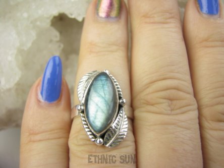 bpe9400 Czarodziejsko Piękny Orientalny Pierścień Pierścionek Labradoryt Spektrolit - kamień Zorzy Polarnej r.13 Srebro 925