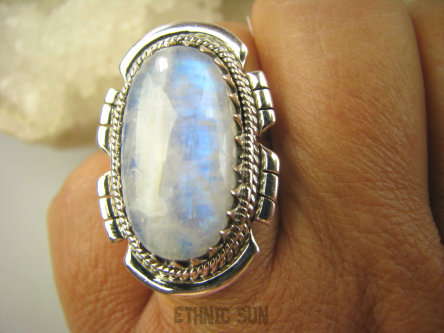 bpe7857 ŚLICZNY I DUŻY mocno Niebieski Max blask Egzotyczny Pierścień Kamień Księżycowy r.17 Srebro 925 #