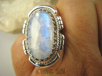 bpe7857 ŚLICZNY I DUŻY mocno Niebieski Max blask Egzotyczny Pierścień Kamień Księżycowy r.17 Srebro 925 #