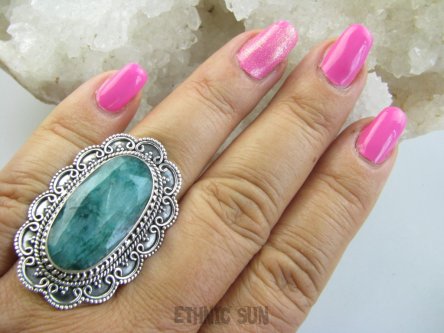 bpee4283 DUŻY I PIĘKNY  SZMARAGDOWY KLEJNOT !!!! Kunsztowny DUŻY Pierścień zielony Szmaragd Indyjski w morskich falach Szmaragdy r.17 Srebro 925 #