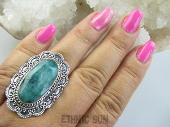 bpee4283 DUŻY I PIĘKNY  SZMARAGDOWY KLEJNOT !!!! Kunsztowny DUŻY Pierścień zielony Szmaragd Indyjski w morskich falach Szmaragdy r.17 Srebro 925 #