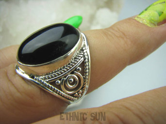 bpe6097 Śliczny Orientalny Pierścień Czarny ONYKS regeneruje SERCE, EGZEMY, PAMIĘĆ r.14 ażurowa obrączka Srebro 925