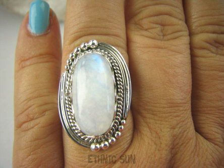 bpe6327  MAX BLASK NIEBIESKO BIAŁY Piękny Pierścień Biały, Niebieski Kamień Księżycowy r.18 Srebro 925 #