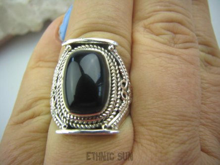 bpe5933 Śliczny Orientalny Pierścień czarny ONYKS regeneruje SERCE, EGZEMY, PAMIĘĆ r.15 Srebro 925 #