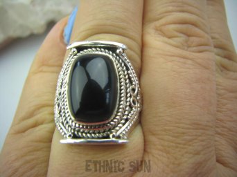 bpe5933 Śliczny Orientalny Pierścień czarny ONYKS regeneruje SERCE, EGZEMY, PAMIĘĆ r.15 Srebro 925 #