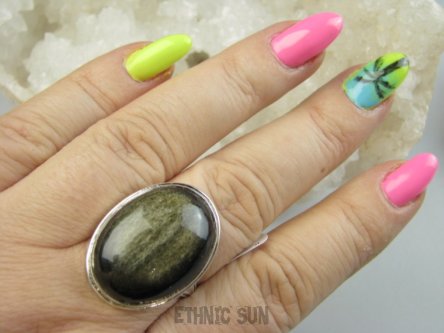 bpe9573 Mieniące się Cudo ZŁOTO CZARNY PRZEPIĘKNY Pierścień Pierścionek ochronny OBSYDIAN ZŁOCISTY z Meksyku (czarny ze złotą poświatą) chroni przed zawiścią, „złym spojrzeniem” i pechem r.26/r.27 Srebro 925 #