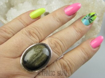 bpe9573 Mieniące się Cudo ZŁOTO CZARNY PRZEPIĘKNY Pierścień Pierścionek ochronny OBSYDIAN ZŁOCISTY z Meksyku (czarny ze złotą poświatą) chroni przed zawiścią, „złym spojrzeniem” i pechem r.26/r.27 Srebro 925 #