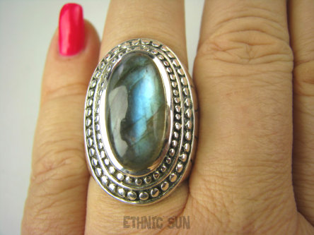 bpe6791 SKÓRA WĘŻA !!!! WYBITNY  Biżuteria Orientalna - Niezwykły OKAZ Pierścień Labradoryt Spektrolit kamień Zorzy Polarnej r.21/r.22 Srebro 925 #