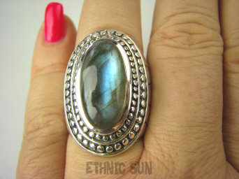 bpe6791 SKÓRA WĘŻA !!!! WYBITNY  Biżuteria Orientalna - Niezwykły OKAZ Pierścień Labradoryt Spektrolit kamień Zorzy Polarnej r.21/r.22 Srebro 925 #