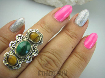 bpe5966 Przepiękny Długi 3,2 cm !! Orientalny Pierścień Wielobarwny MALACHIT i Tygrysie Oko r.14 Srebro 925 #