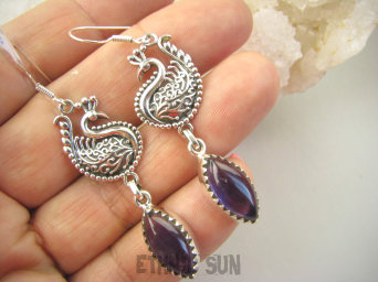 bke1146 Królewski Paw - symbol nieśmiertelności CUDOWNE Długie 6 cm Kolczyki Fioletowy Ametyst Srebra SREBRO 925