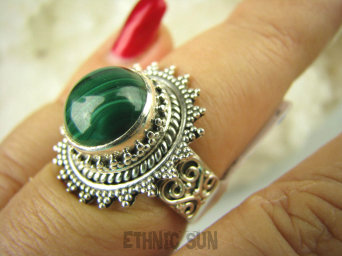 bpe6478 Biżuteria Egzotyczna !!! PIĘKNY PIERŚCIEŃ ZIELONY MALACHIT - pobudza kreatywność r.14 Srebro 925 #