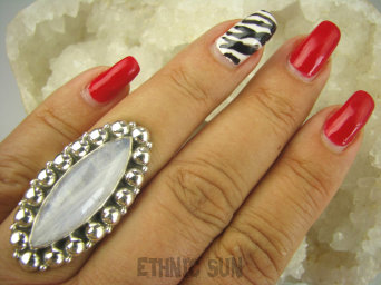 bpe8078 Biżuteria Orientalna !!! Długi 3.8 cm Egzotyczna Pierścień Kamień Księżycowy r.17 Srebro 925 #