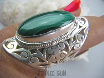 bpe4664 Cudowny, Ażurowy, Długi 4,1 cm Pierścień naturalny MALACHIT - pobudza kreatywność r.16 Lśniące kute Srebro 925 #