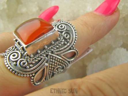 bpe9474 FENOMENALNA PIĘKNOŚĆ   Arcydzieło tak inny klejnot 17G DUŻY masywny Pierścień CZERWONY ONYKS - regeneruje SERCE, EGZEMY, PAMIĘĆ r.12 Mały rozmiar na szczupłe dłonie Srebro 925 #